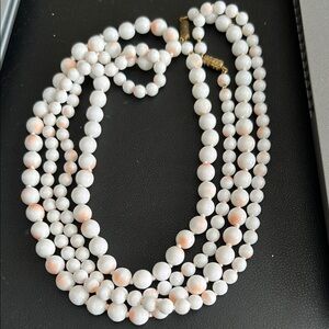 Vintage White and Coral Hand knotted Beaded Necklaces.
